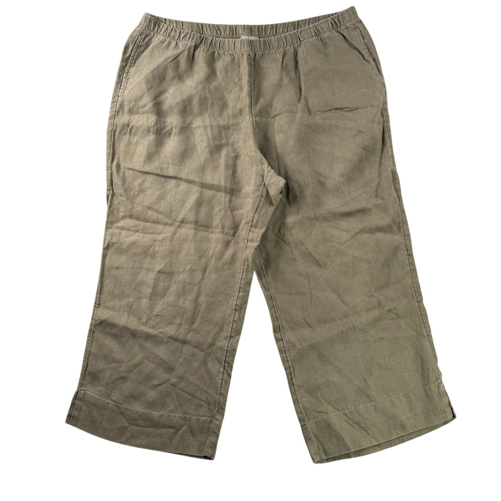 J Jill Linen Pants Womens L‎ PETITE Green Pull-On Cropped Pockets Coastal Lounge
